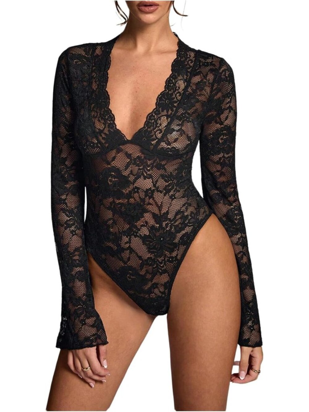 Sheer Floral Lace Bodysuit with Deep V Neck & Bell Sleeves - Slim Fit Leotard - Picture 1 of 5